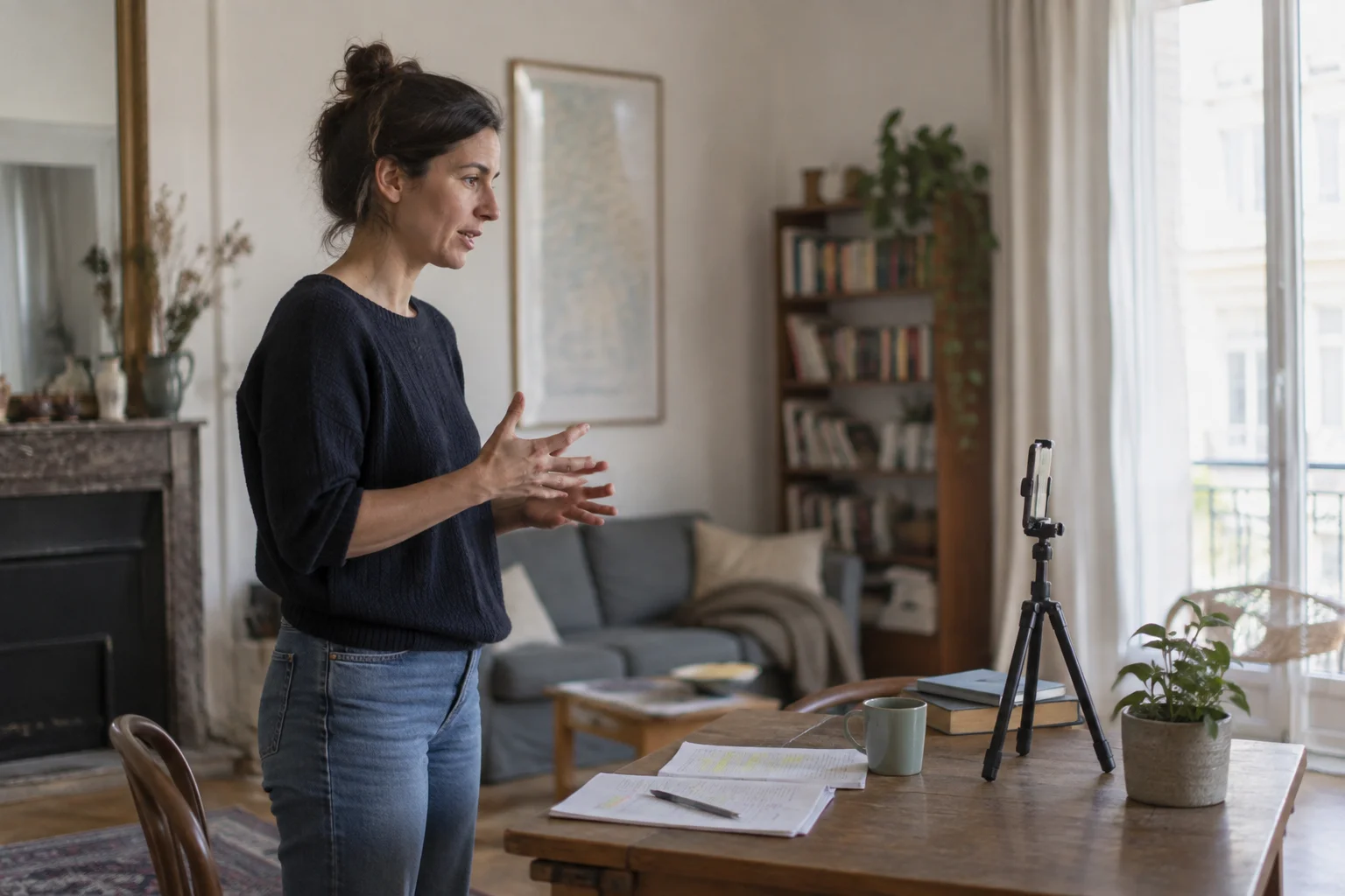 Une candidate s’entraîne à parler face à un téléphone sur trépied.