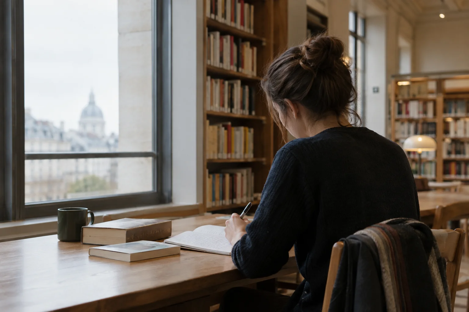Une adulte révise à une table près d’une fenêtre de bibliothèque.