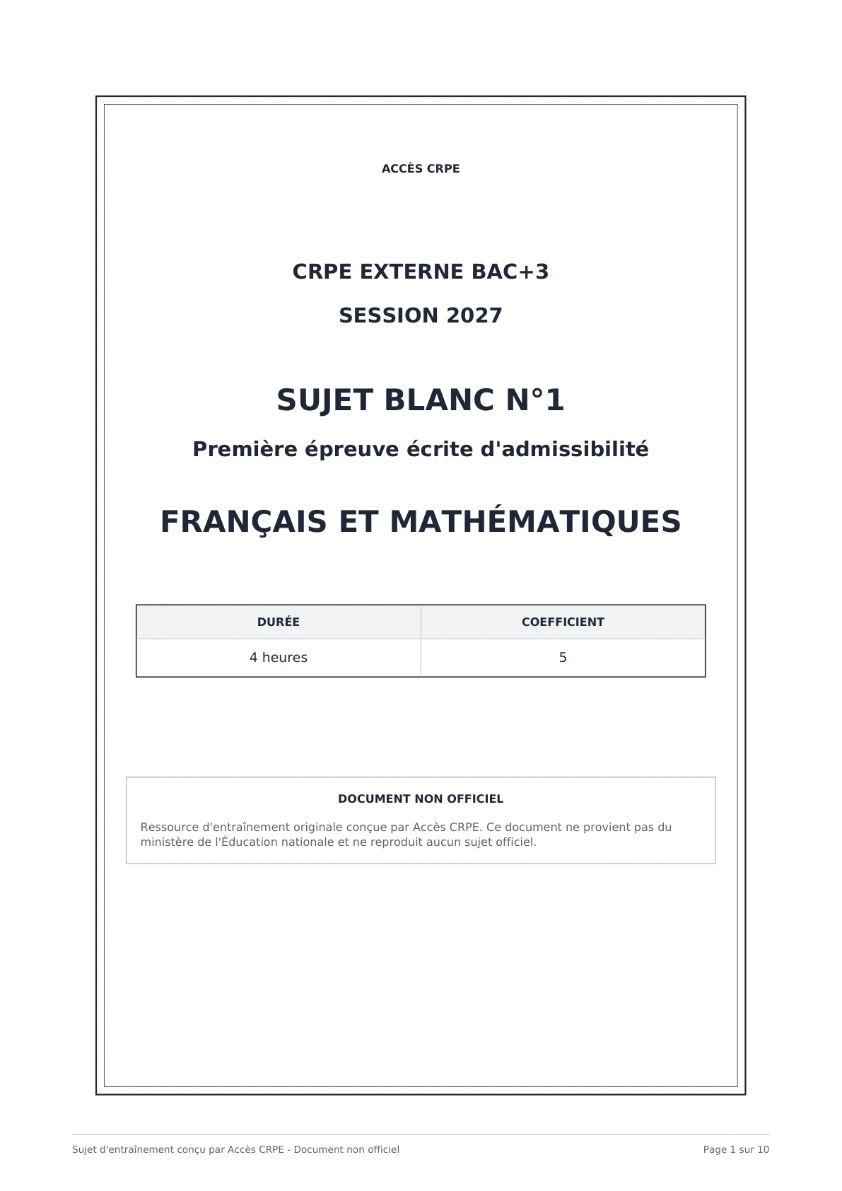 Aperçu de la couverture du sujet blanc CRPE 2027 bac+3